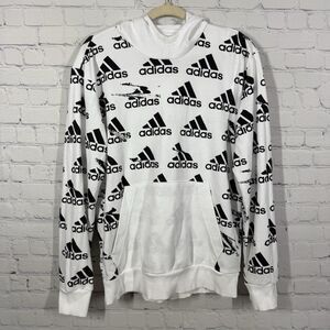 Adidas Sweater Medium White Pullover Hoodie Spell Out Logo All Over Print Mens